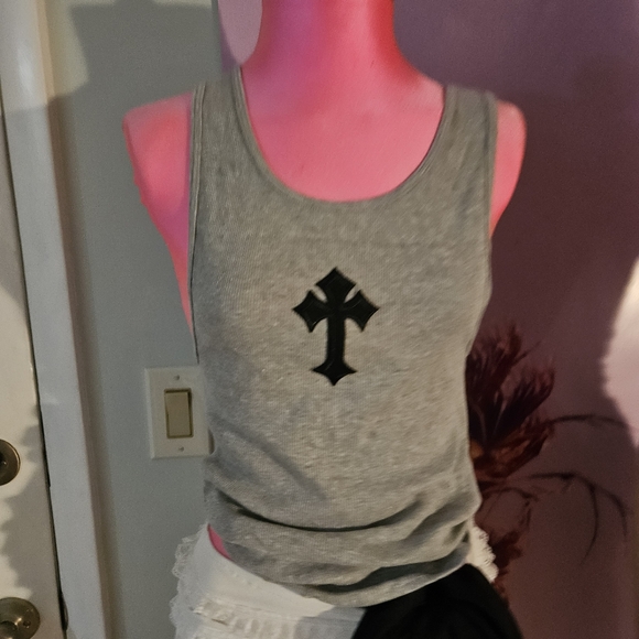 Grey Tank Top Goth Cross Chrome Hearts Looking Top - Picture 15 of 16